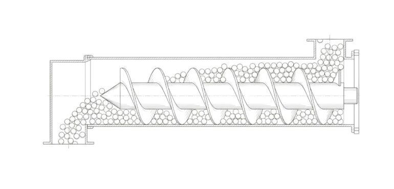Dibujo técnico de un tornillo sinfín alimentando hueso de aceituna A1 con regularidad, simbolizando su comportamiento estable y su capacidad para evitar bloqueos.