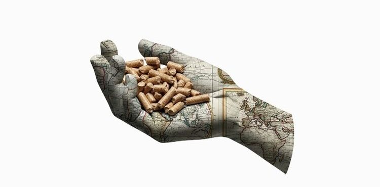 ilustracion de una mano con pellets en su interior. La mano tiene dibujados mapas, representando el mercado europeo del pellet de biomasa