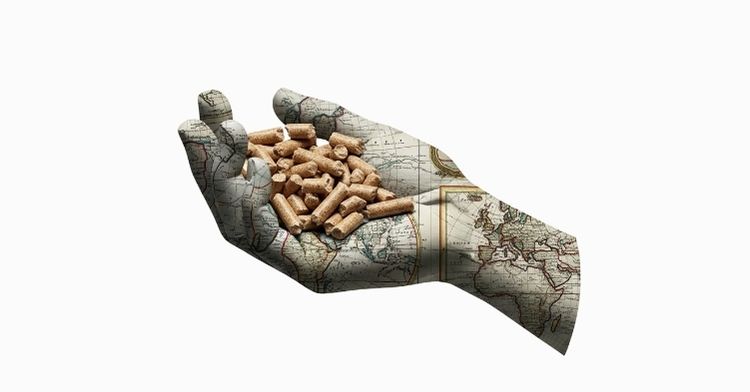 ilustracion de una mano con pellets en su interior. La mano tiene dibujados mapas, representando el mercado europeo del pellet de biomasa