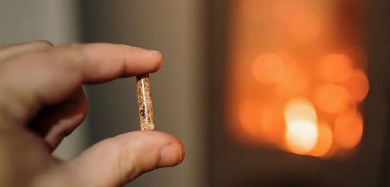una mano mostrando una unidad de pellet de madera para ilustrar el ahorro de pellet vs gasoil