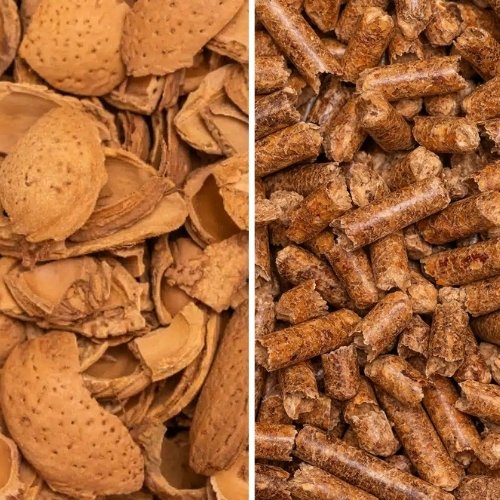 imagen que ilustra el articulo cáscara de almendra vs pellet de madera con cáscara de almendra a la izquierda de la imagen y pellets de madera a la derecha de la imagen
