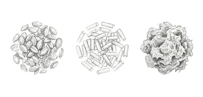 Ilustración comparativa de biomasa: hueso de aceituna A1, pellet y orujillo, destacando diferencias de granulometría y estabilidad para uso en calderas industriales.