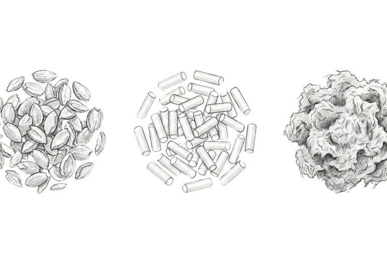 Ilustración comparativa de biomasa: hueso de aceituna A1, pellet y orujillo, destacando diferencias de granulometría y estabilidad para uso en calderas industriales.