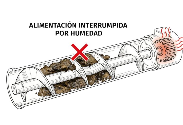 dibujo técnico de biomasa húmeda atrnacando un tornillo sin fin