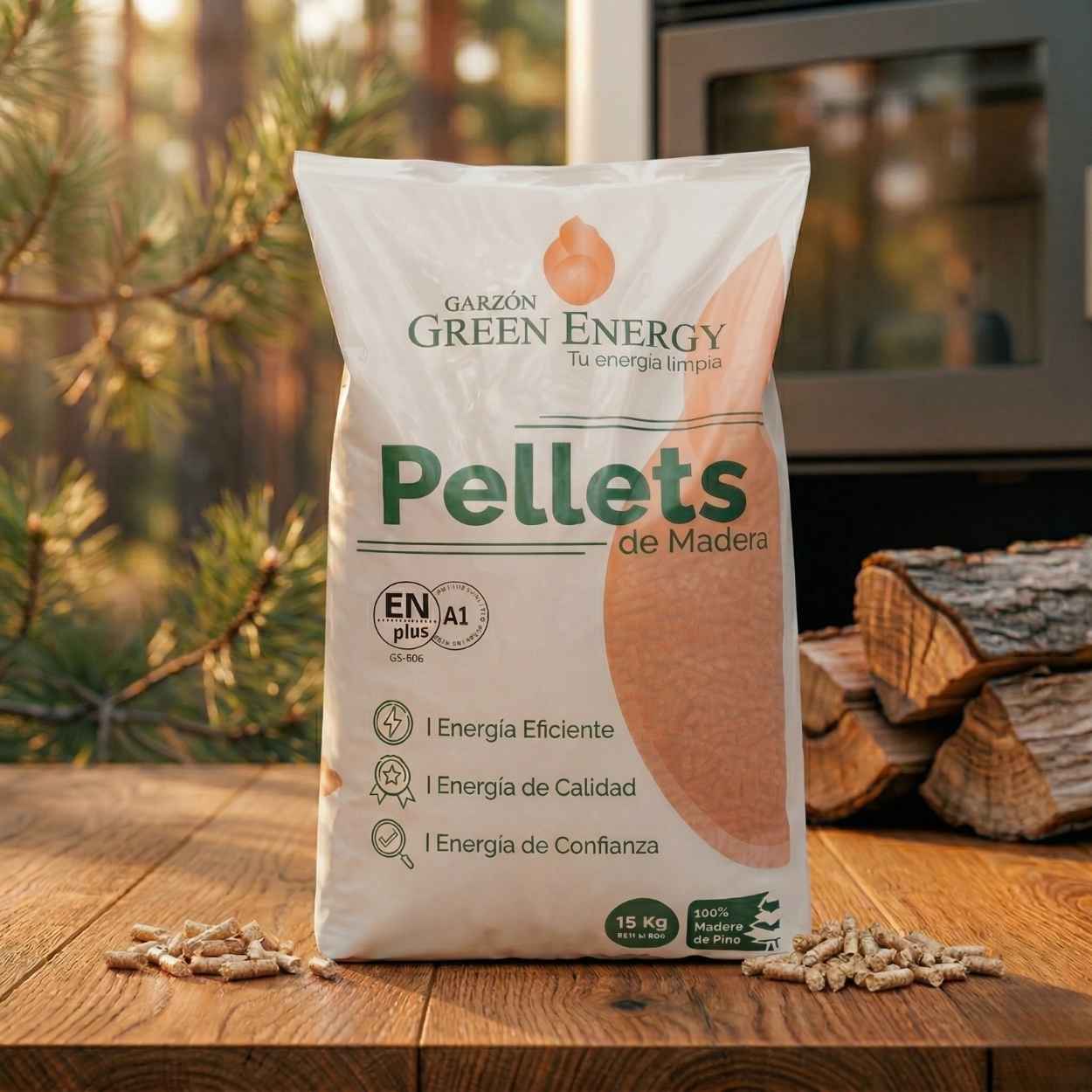 saco de pellets de madera de 15kg certificación Enplus A1 Garzón Green Energy