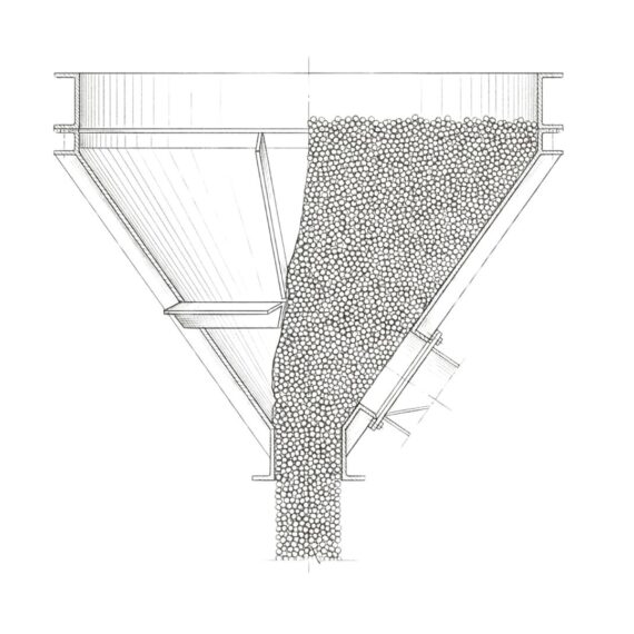 lustración técnica de una tolva industrial mostrando el flujo continuo del hueso de aceituna A1, representando su alta densidad y estabilidad en la alimentación automática.